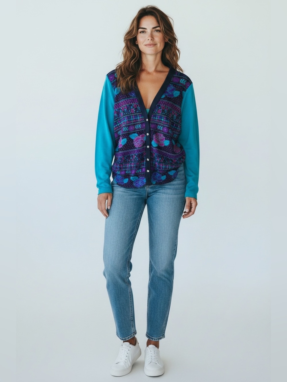Vintage Alfred Dunner Colorblock Floral Cardigan Sweater